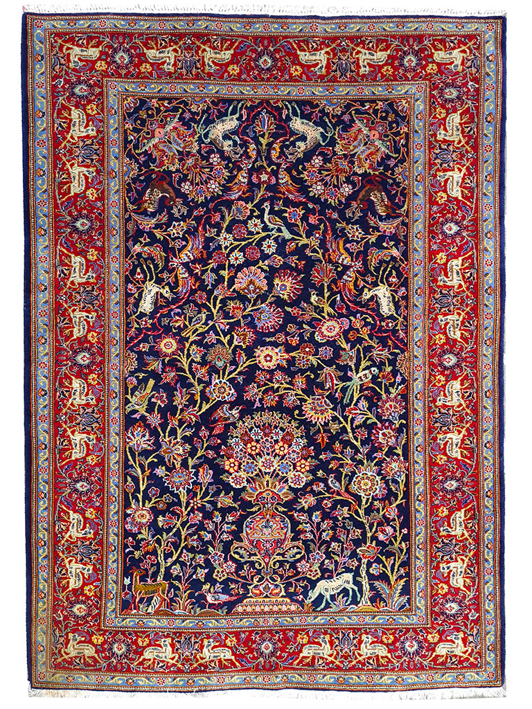 TAPPETO KASHAN ANTICO LANA KURK FIORI SETA MIS:220x141 CM