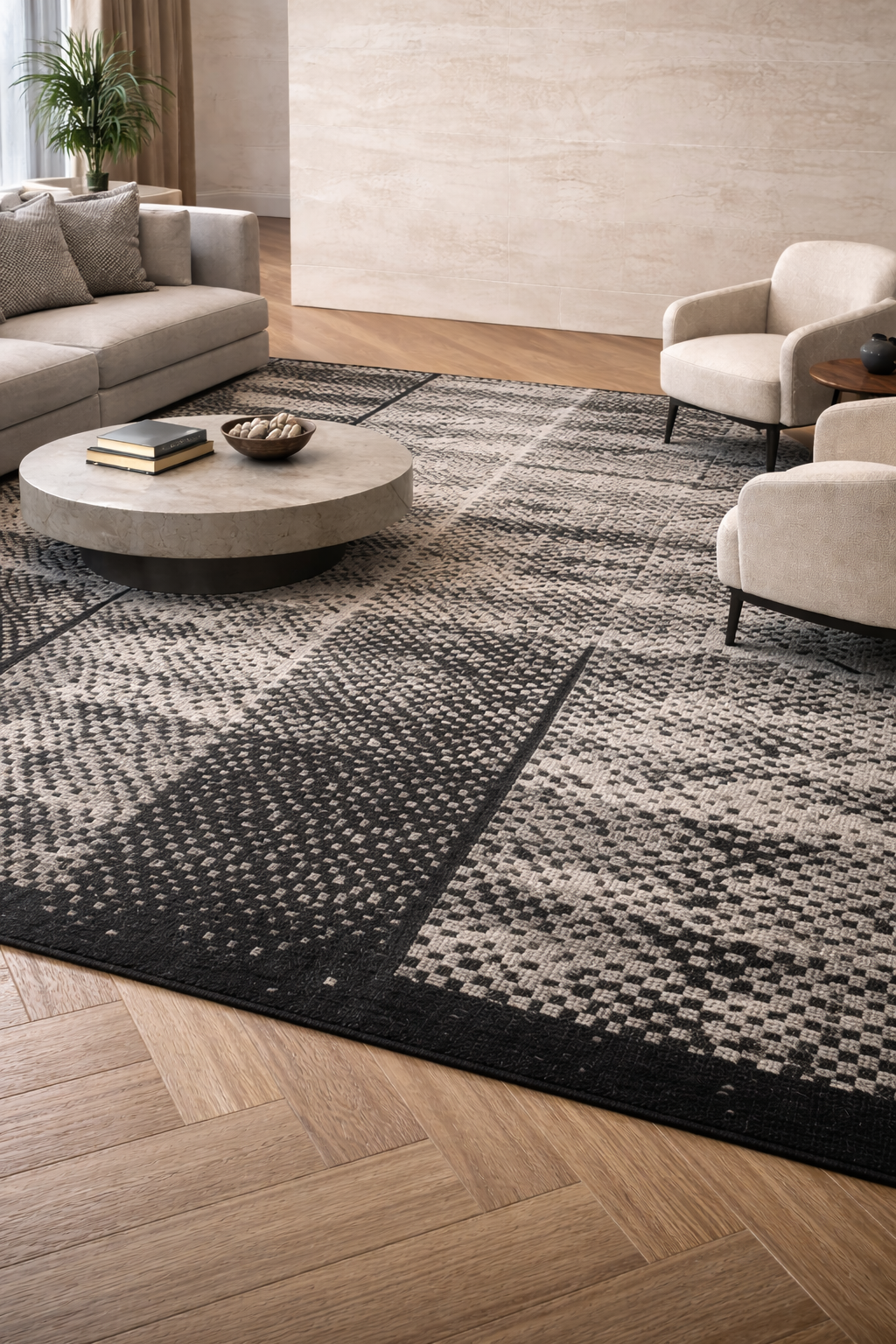 Tappeto moderno di design bianco e nero con motivo geometrico contemporaneo. Ideale per soggiorni eleganti e ambienti minimal. Scopri City Pattern.