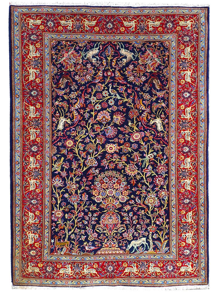 TAPPETO-KASHAN-ANTICO-LANA-KURK-FIORI-SETA-MIS220x141-CM